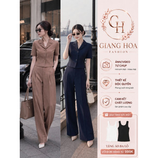 VT260402 -Set Bộ Nữ Công Sở Cao Cấp Áo Vest Tay Ngắn Quần Suông Ống Rộng Hàn Quốc – Thanh Lịch Sang Trọng