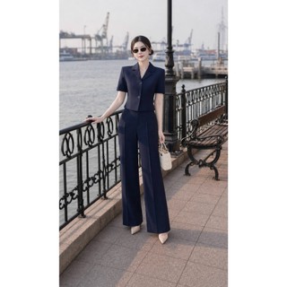 VT260402 -Set Bộ Nữ Công Sở Cao Cấp Áo Vest Tay Ngắn Quần Suông Ống Rộng Hàn Quốc – Thanh Lịch Sang Trọng