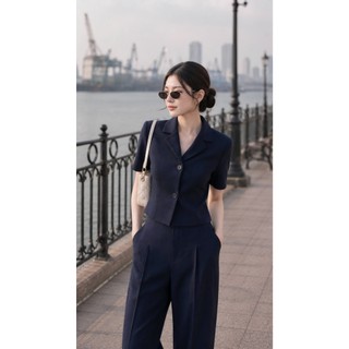 VT260402 -Set Bộ Nữ Công Sở Cao Cấp Áo Vest Tay Ngắn Quần Suông Ống Rộng Hàn Quốc – Thanh Lịch Sang Trọng