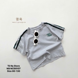 Áo Thun Cộc Tay Sọc Vai Cho Bé Trai Bé Gái Từ 9-28kg QCCC Vải Cotton Thoáng Mát Trơn Màu In Chữ MZ88107