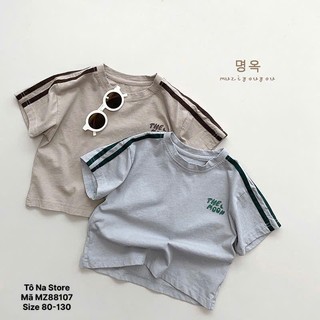 Áo Thun Cộc Tay Sọc Vai Cho Bé Trai Bé Gái Từ 9-28kg QCCC Vải Cotton Thoáng Mát Trơn Màu In Chữ MZ88107