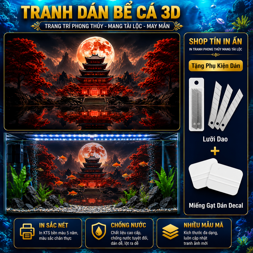 Decal tranh dán hồ cá 3D Kho In Ấn HC28 chống nước, In KTS dán dễ, gỡ dễ, có keo sẵn, nhiều kích cỡ