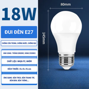COMBO 10 Bóng Đèn LED Búp Tròn 18W Tiết Kiệm Điện, Độ Sáng Cao, Không Chói