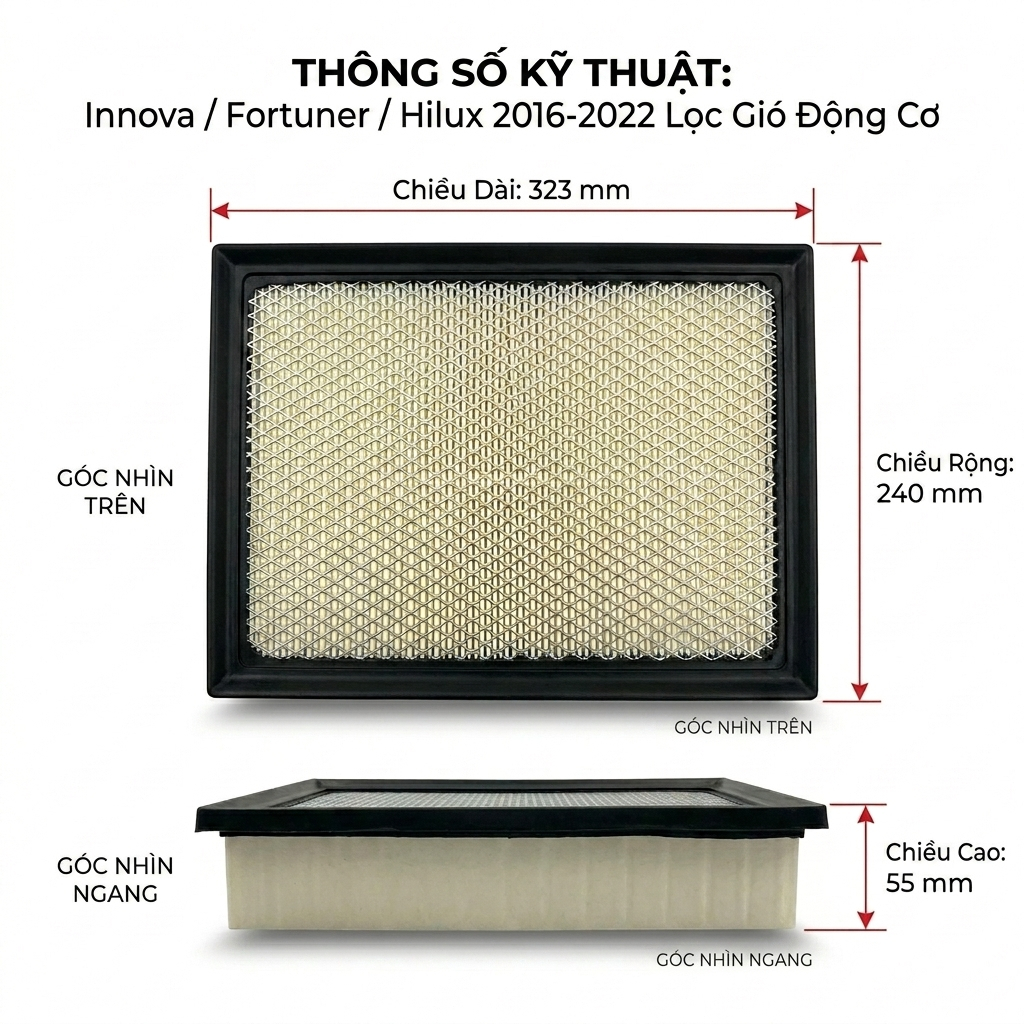 Lọc gió động cơ Toyota Innova Fortuner Hilux 2016-2022 chuẩn kích thước theo xe Toyota(17801-0L050)