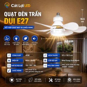 Quạt Trần 2 Trong 1 Kiêm Đèn Trang Trí 3 Màu, Đui E27 Tiện Lợi, Remote Điều Khiển Từ Xa