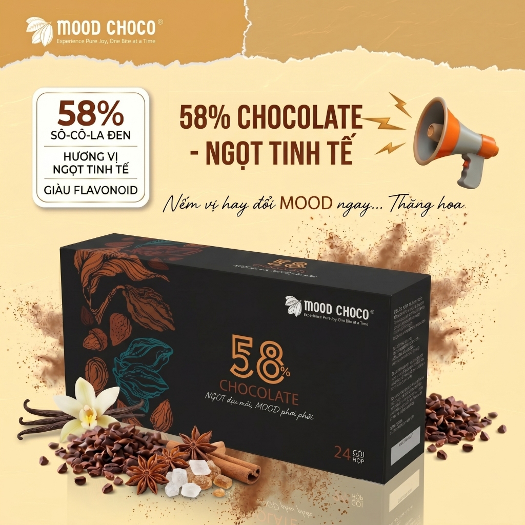 Socola Đen 58% Cacao MOOD CHOCO Vị Ngọt Dịu Béo Ngậy Phù Hợp Mọi Lứa Tuổi Hộp 24 Gói