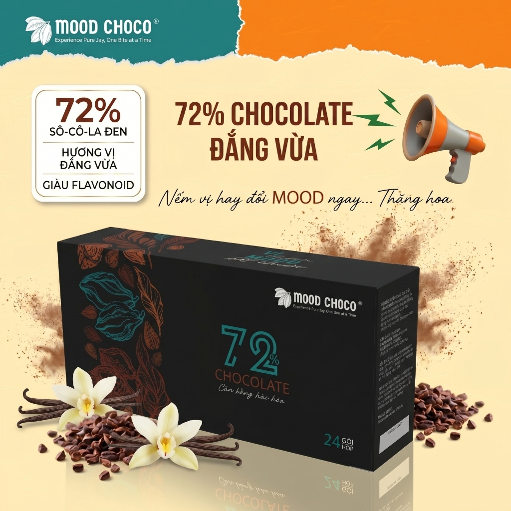 Socola Đen 72% Cacao MOOD CHOCO Nguyên Chất Vị Ngọt Vừa Êm Dịu Thơm Ngon Hộp 120 gram