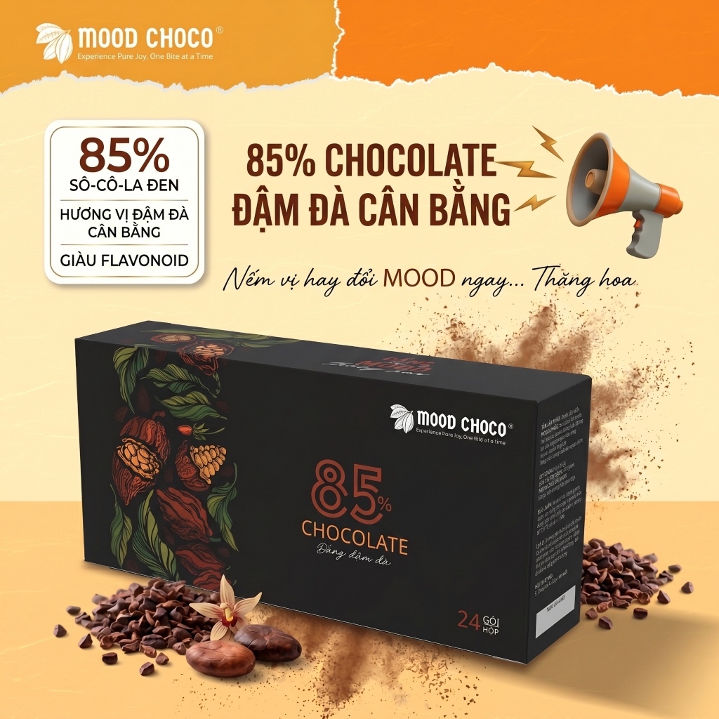 Socola Đen 85% Cacao MOOD CHOCO Nguyên Chất Ít Đường Vị Đắng Đậm Đà Tốt Cho Sức Khỏe Hộp 24 Gói