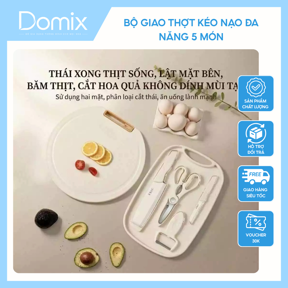 Bộ Dao Thớt Kéo Nạo Đa Năng 5 Món Cho Bé Ăn Dặm Kèm Hộp Đựng Tròn Tiện Lợi Nhà Bếp