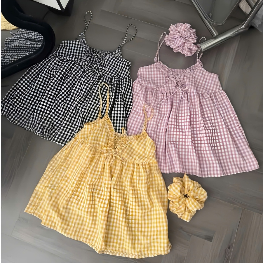 Đầm Baby doll 2 dây chất kate xốp kèm cột tóc thời trang trẻ trung
