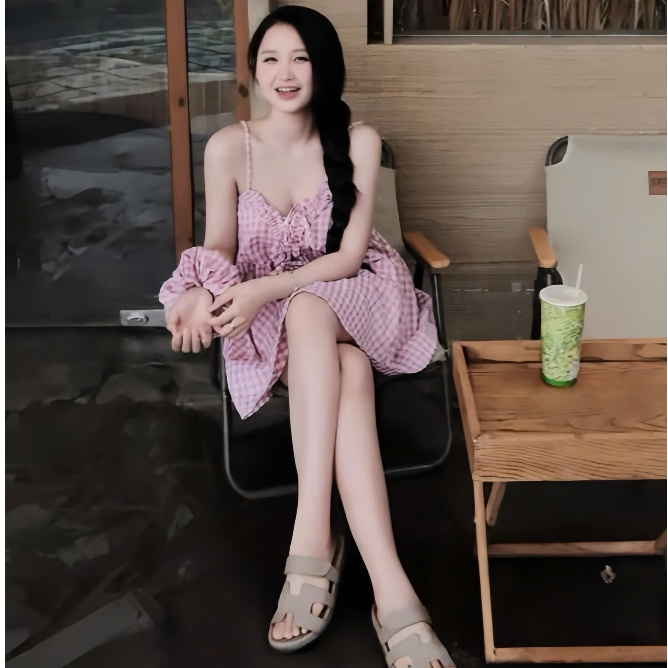 Đầm Baby doll 2 dây chất kate xốp kèm cột tóc thời trang trẻ trung