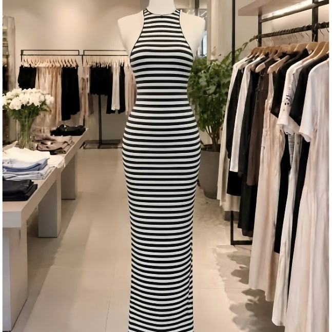 Đầm body dáng dài cổ yếm kẻ sọc, chất thun zip lụa QC thời trang