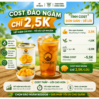 [Sỉ thùng] Đào ngâm Boddob - sỉ 12 hộp (820kg), topping trà hoa quả, trà đào, giòn, ngọt thanh, có nắp giật tiện lợi