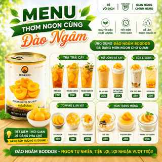 [Sỉ thùng] Đào ngâm Boddob - sỉ 12 hộp (820kg), topping trà hoa quả, trà đào, giòn, ngọt thanh, có nắp giật tiện lợi