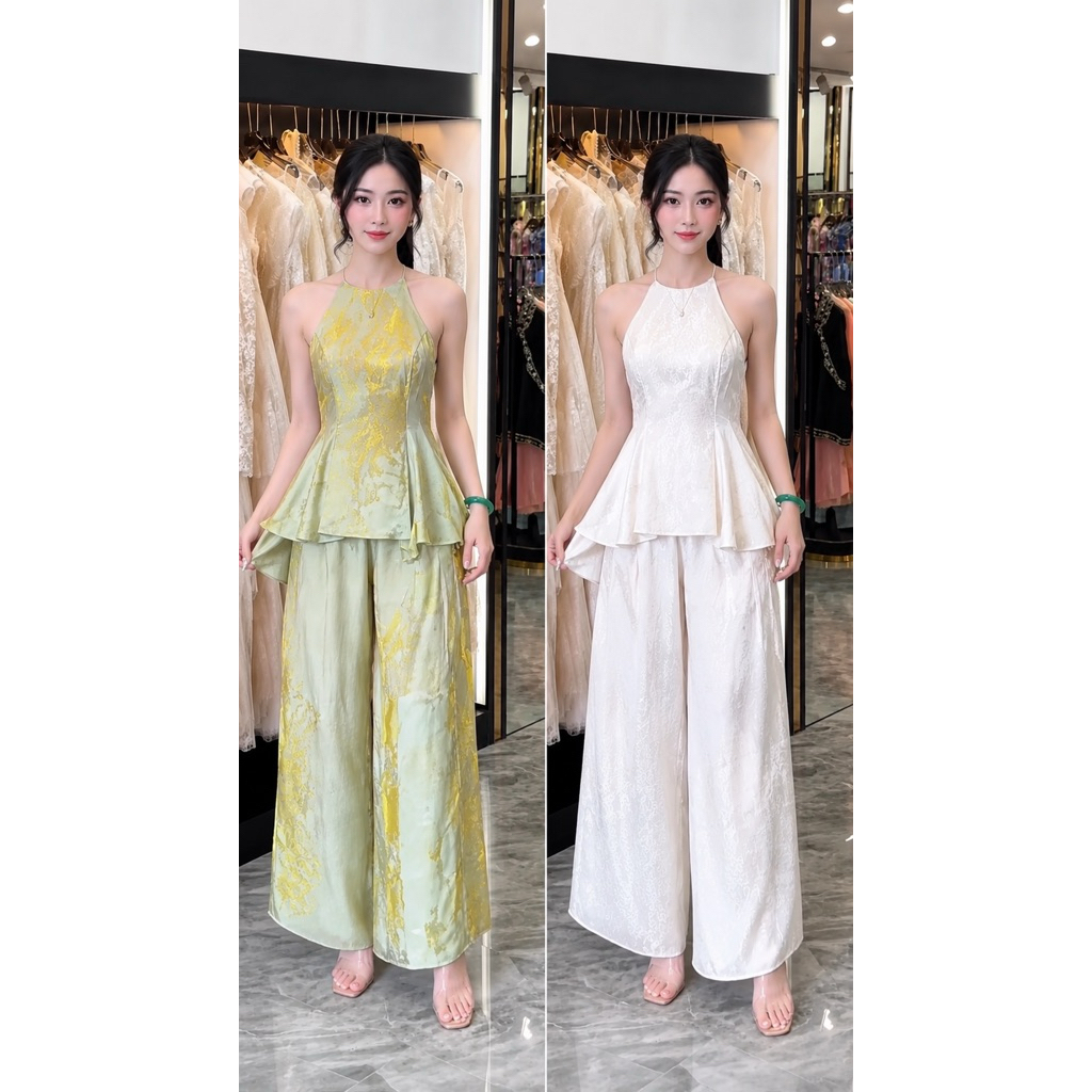 Set Bộ Tơ Tằm Thiết Kế Cổ Yếm Xòe Nhẹ Quần Suông Dài Sang Chảnh Dự Tiệc Cao Cấp Nữ Tính Hot Trend New 2026