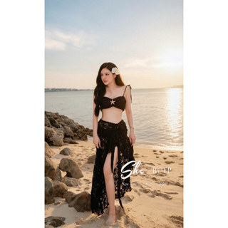 (SẴN TRẮNG) Set Bikini 3 Món: Bra 2 Dây Cài Sao + Quần + Choàng Ren Buộc Chuẩn She’s