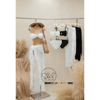(SẴN TRẮNG) Set Bikini 3 Món: Bra 2 Dây Cài Sao + Quần + Choàng Ren Buộc Chuẩn She’s