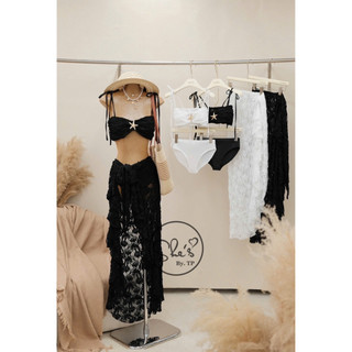 (SẴN TRẮNG) Set Bikini 3 Món: Bra 2 Dây Cài Sao + Quần + Choàng Ren Buộc Chuẩn She’s