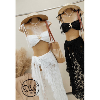 (SẴN TRẮNG) Set Bikini 3 Món: Bra 2 Dây Cài Sao + Quần + Choàng Ren Buộc Chuẩn She’s