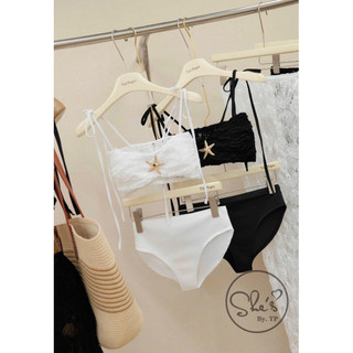 (SẴN TRẮNG) Set Bikini 3 Món: Bra 2 Dây Cài Sao + Quần + Choàng Ren Buộc Chuẩn She’s