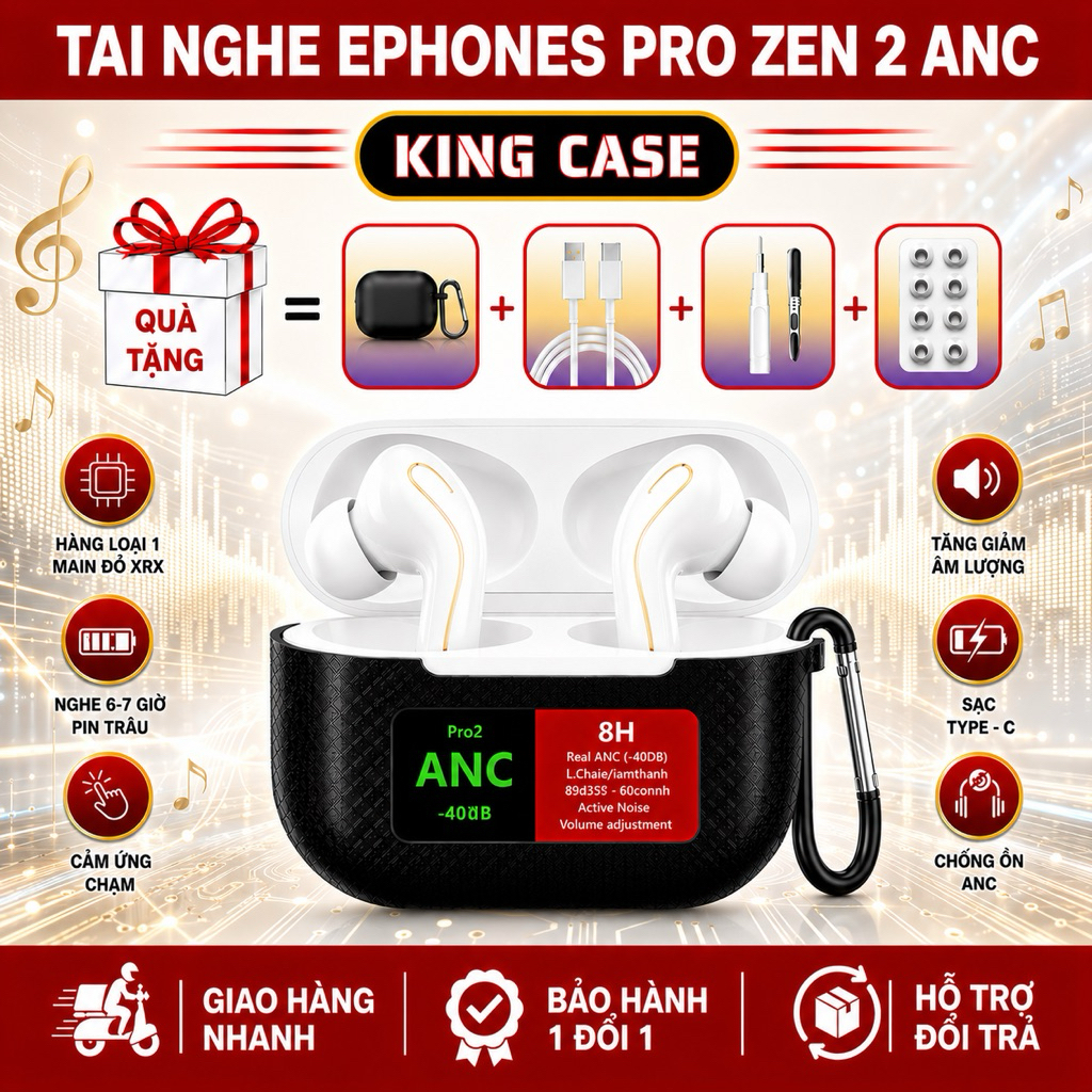 [TẶNG Bút Vệ Sinh] Tai Nghe Bluetooth Ephones PRO ZEN 2 ANC Loại 1 – Chống Ồn ANC, Bass Mạnh, Chip Jerry, Main Đỏ XRX
