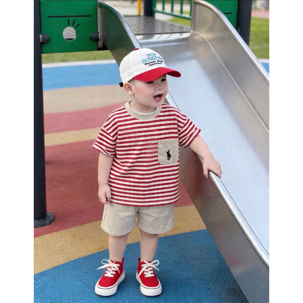 (Order) Bộ quần áo ngố bé trai kẻ ngang hoạ tiết thêu ngựa phù hợp đi học,đi chơi mùa hè cho bé trai từ 9-19kg