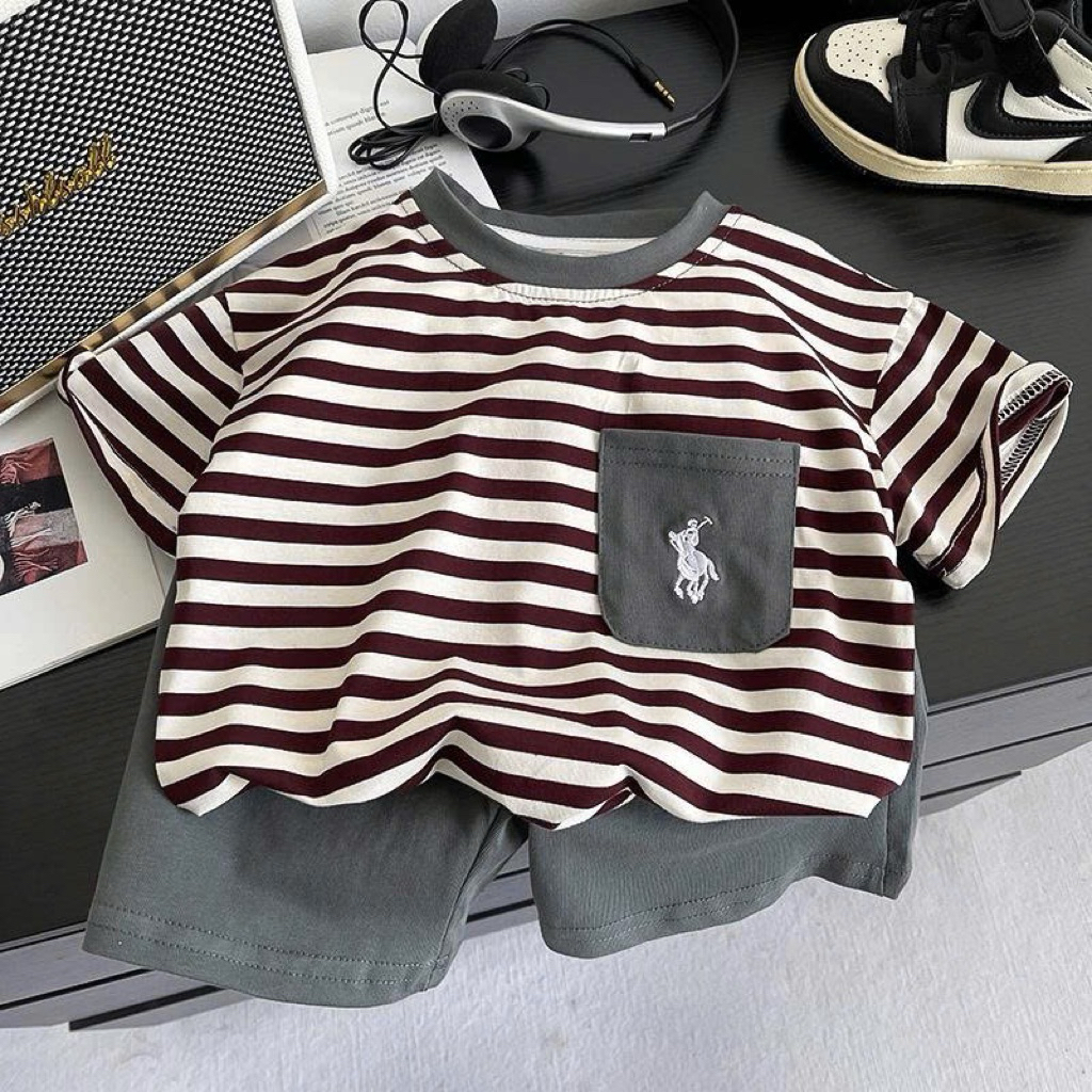 (Order) Bộ quần áo ngố bé trai kẻ ngang hoạ tiết thêu ngựa phù hợp đi học,đi chơi mùa hè cho bé trai từ 9-19kg