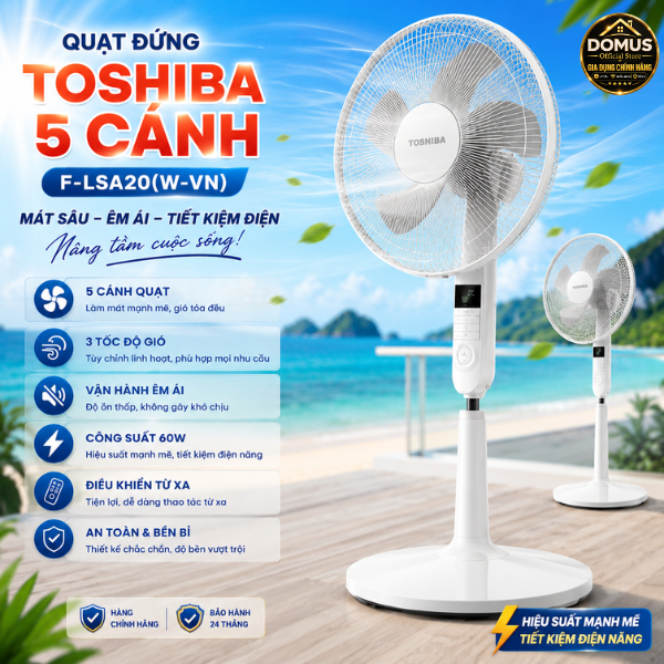 Quạt cây đứng Toshiba F-LSA20(W)VN | điều khiển từ xa, hẹn giờ tắt, 60W, bảo hành 12 tháng