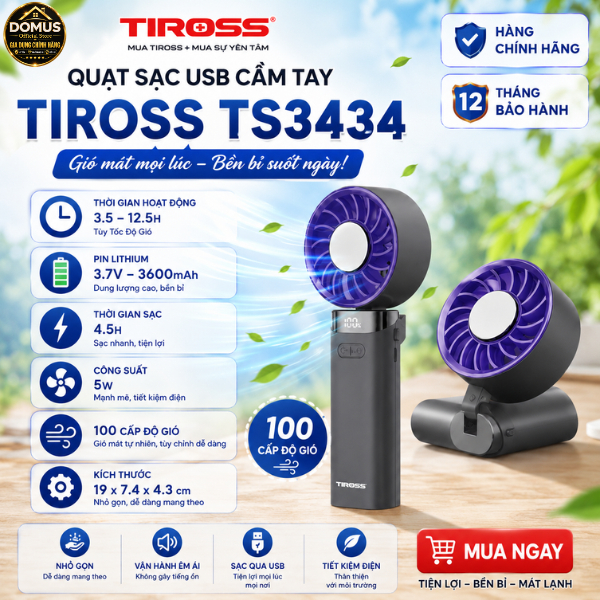 Quạt Tích Điện Cầm Tay Tiross TS3434 3600mAh 100 Tốc Độ, USB Sạc Nhanh Nhỏ Gọn, Màn Led Hiển Thị
