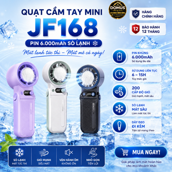 Quạt cầm tay mini JF168 Pin 6.000mAh sò lạnh, gió mạnh, Sử dụng 4 - 15h | Bảo hành 12 tháng