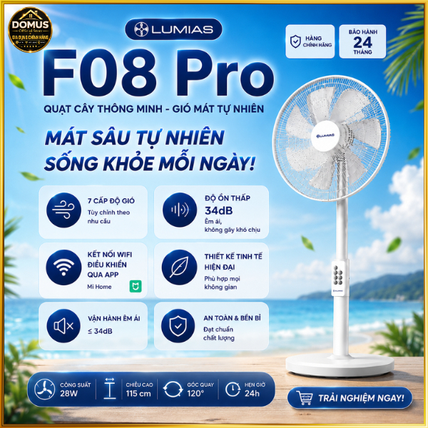 Quạt đứng Lumias màu trắng F08 Pro+, 7 cấp độ gió, 28W, kết nối wifi, có remote - Bảo Hành 24 tháng