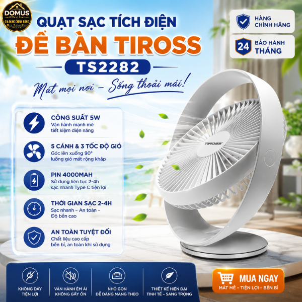 Quạt tích điện để bàn USB Tiross TS2282, 5W-4000mAh, 3 tốc độ gió, Thời gian sử dụng lên tới 15h