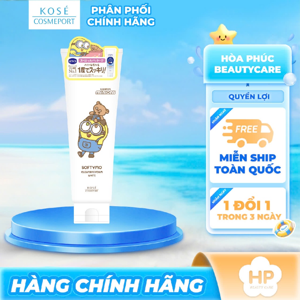 Sữa Rửa Mặt Tẩy Trang Dưỡng Trắng Da Bản Giới Hạn Minions Kosé Softymo Cleansing Foam White (190g)