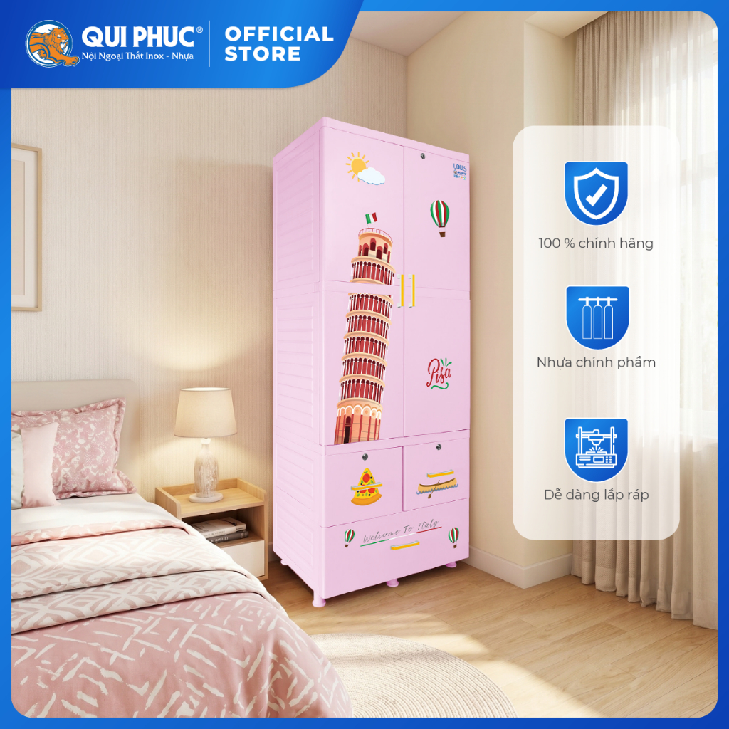 Tủ nhựa Louis QUI PHÚC, tủ treo quần áo, kích thước lớn, chắc chắn, tiện dụng, an toàn, tặng kèm móc