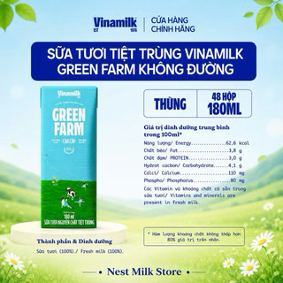 Sữa Tươi Tiệt Trùng Vinamilk Green Farm Không Đường 180ml- Thùng 48 hộp