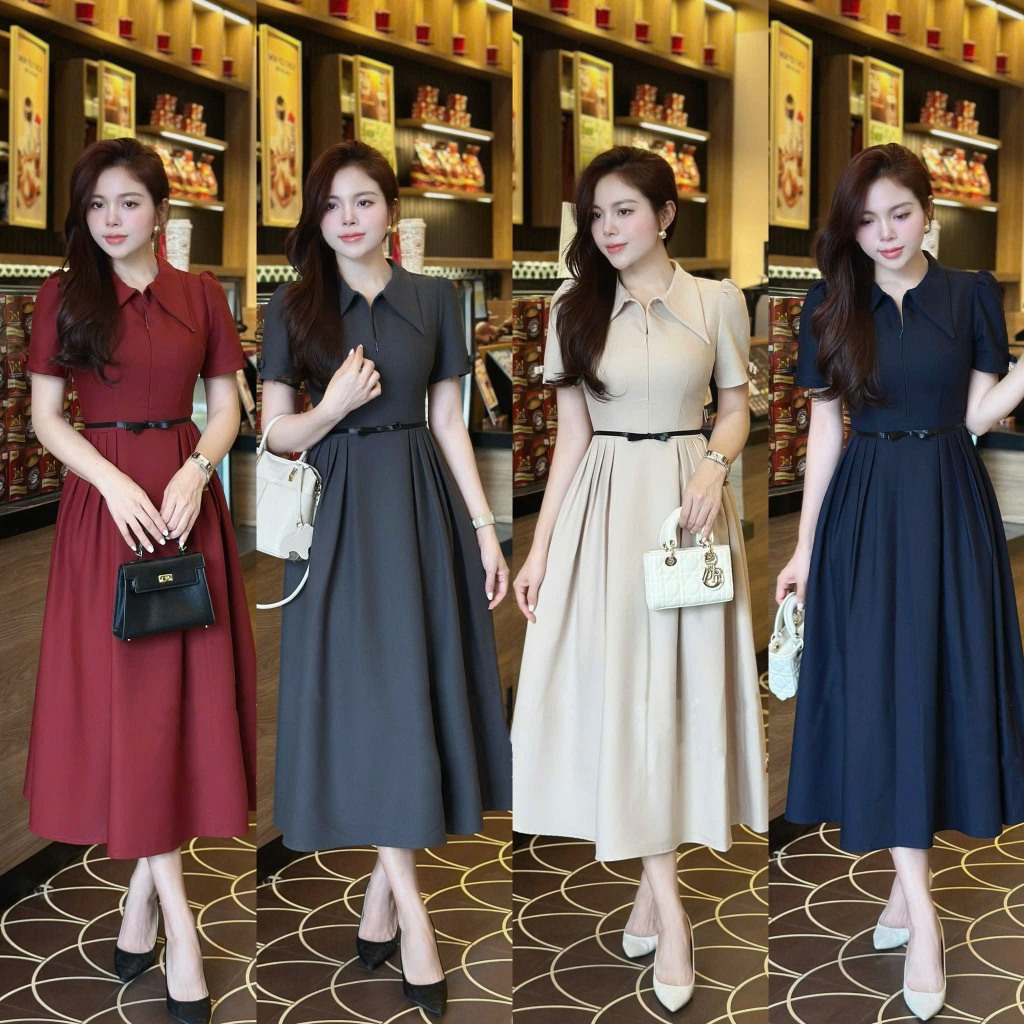 Váy đầm thiết kế cổ khóa thắt nơ eo nhẹ nhàng đi làm, đi tiệc có Bigsize U&M (V54)