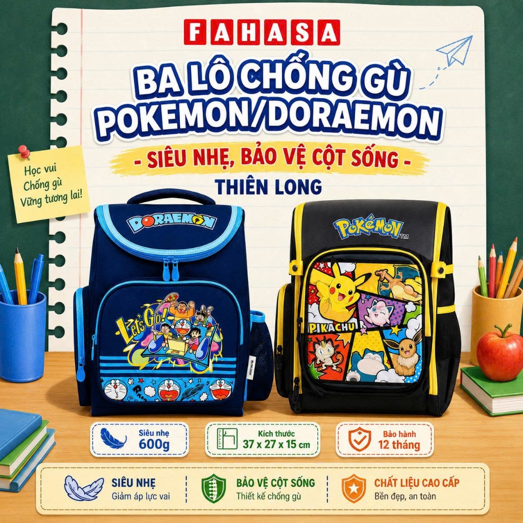 Ba Lô Chống Gù Pokemon/Doraemon - Siêu Nhẹ, Bảo Vệ Cột Sống - Thiên Long BP-036/PKM/BP-023/DO