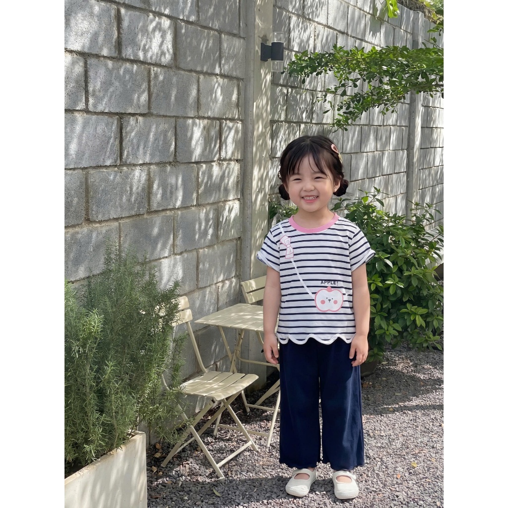 Set bộ cộc tay bé gái Miniumbaby viền sóng hình túi chéo mix quần suông, chất cotton mềm mát SB2548