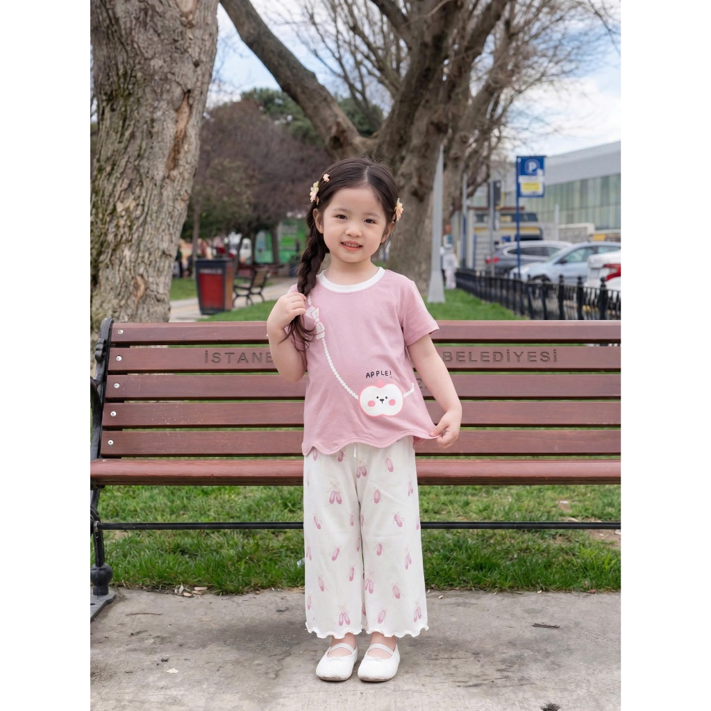 Set bộ cộc tay bé gái Miniumbaby viền sóng hình túi chéo mix quần suông, chất cotton mềm mát SB2548