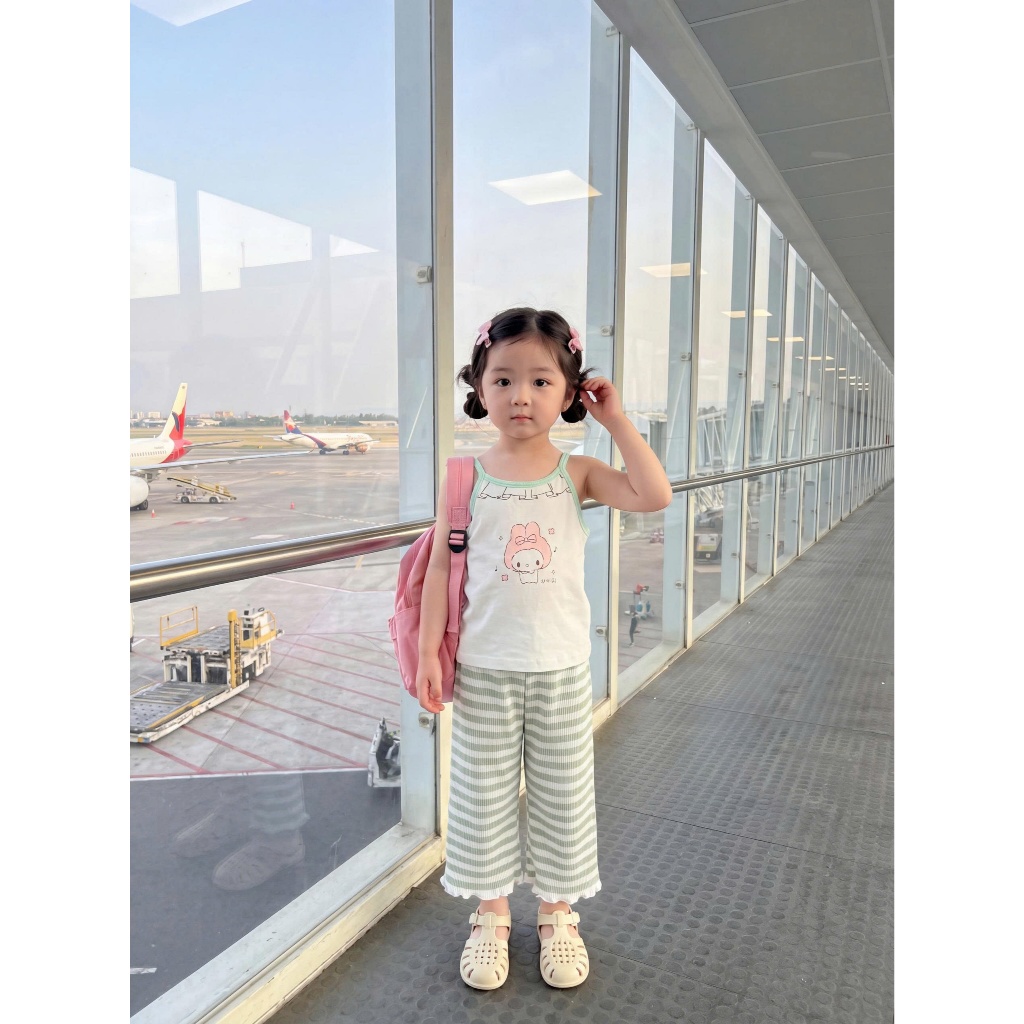 Set bộ cổ yếm bé gái may viền đính nơ Miniumbaby mix quần lửng điệu đà, chất cotton mềm mát SB2745