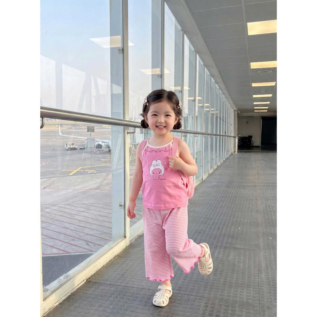 Set bộ cổ yếm bé gái may viền đính nơ Miniumbaby mix quần lửng điệu đà, chất cotton mềm mát SB2745