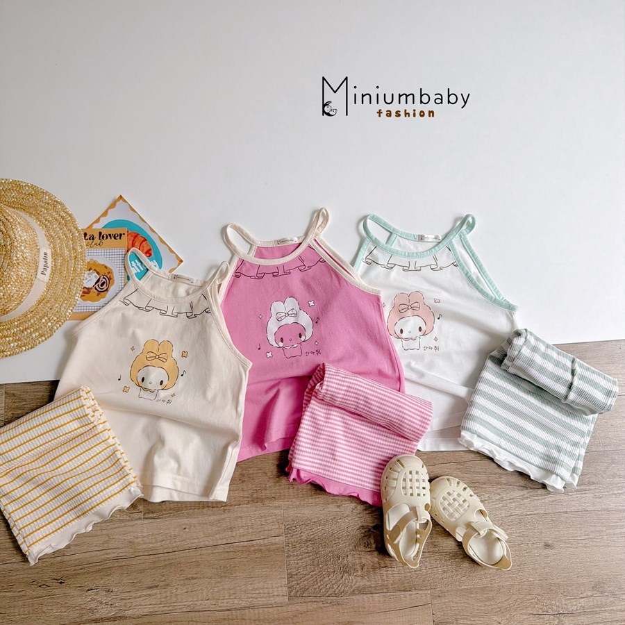 Set bộ cổ yếm bé gái may viền đính nơ Miniumbaby mix quần lửng điệu đà, chất cotton mềm mát SB2745