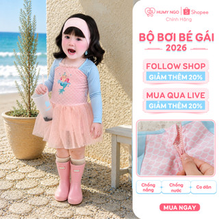 HOẢ TỐC - Váy bơi bé gái liền thân HUMY NGO, Bộ bơi thun lạnh chống nắng có lót quần phối chân váy lưới bé 11-38kg [215]