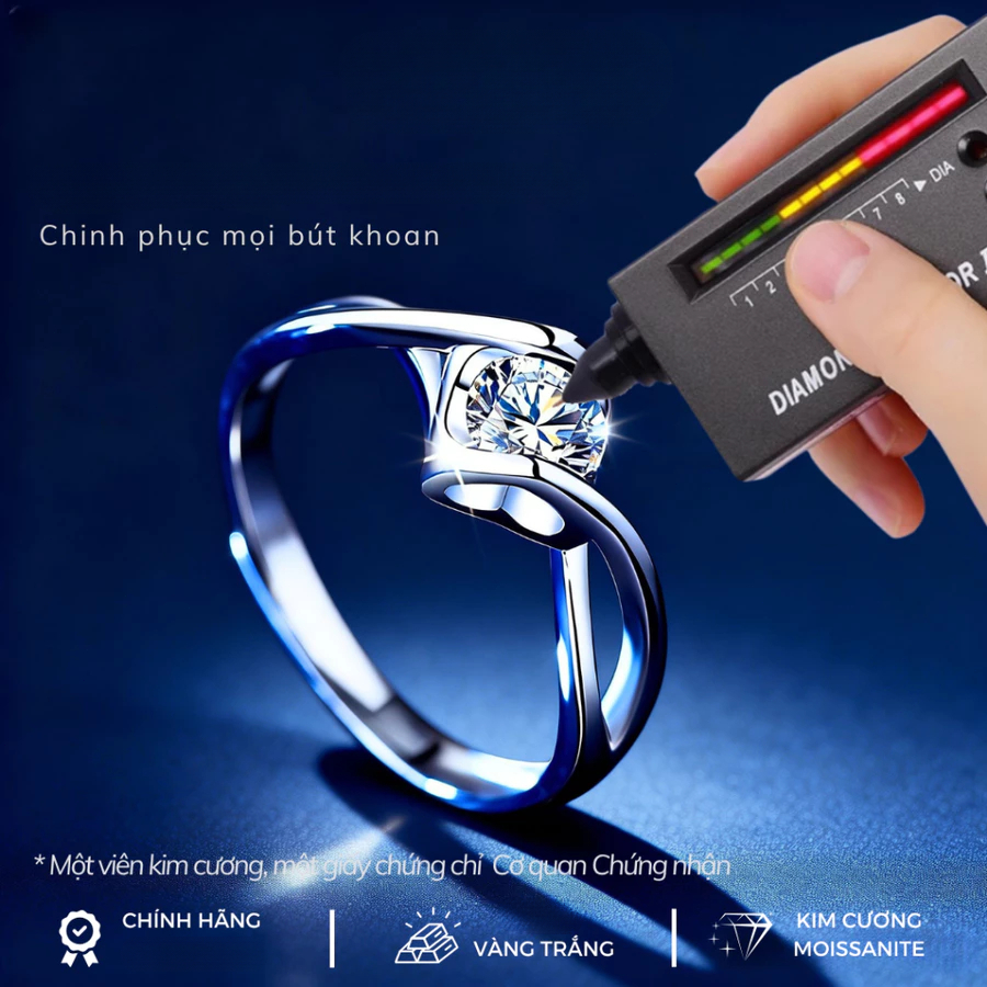 Nhẫn Nữ Moissanite 1 Carat VELOURA - Nụ Hôn Thiên Thần Lấp Lánh Sang Trọng,Có thể điều chỉnh