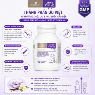 Viên nhai Bioisland Lysine 60 viên cho trẻ từ 6 tuổi giúp phát triển chiều cao và thể chất toàn diện