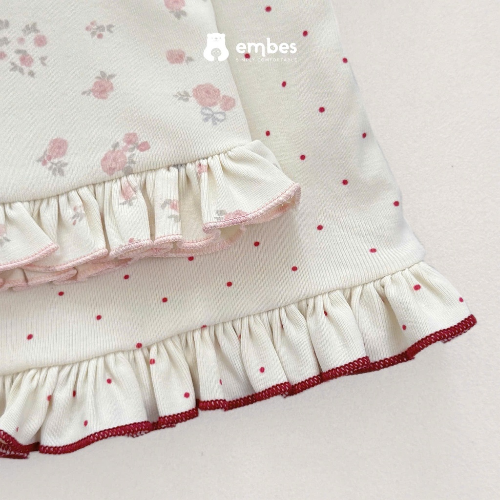 Bộ Cộc Bé Gái Embes, Bộ Cộc Tay In Họa Tiết Phối Viền Bèo Thêu Nơ Chất Cotton Cho Bé Gái Từ 8-17kg