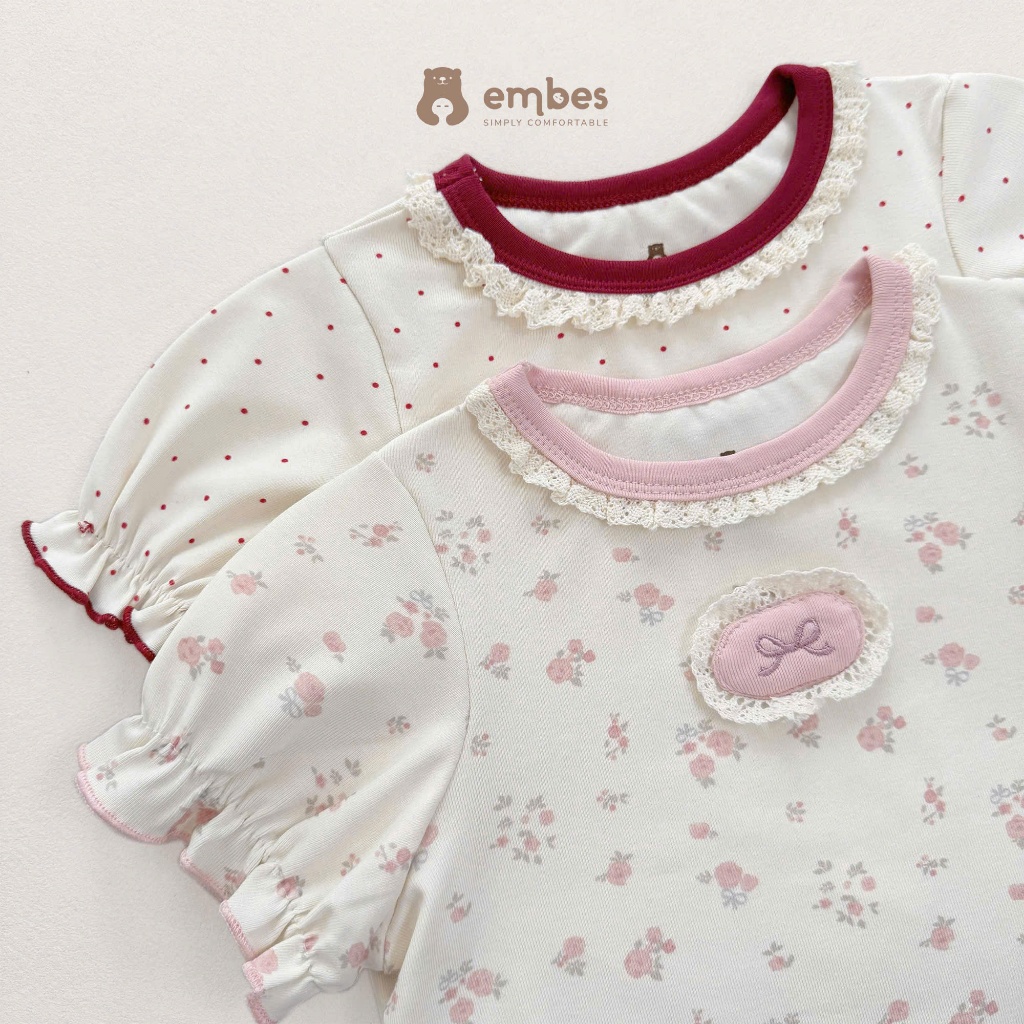 Bộ Cộc Bé Gái Embes, Bộ Cộc Tay In Họa Tiết Phối Viền Bèo Thêu Nơ Chất Cotton Cho Bé Gái Từ 8-17kg