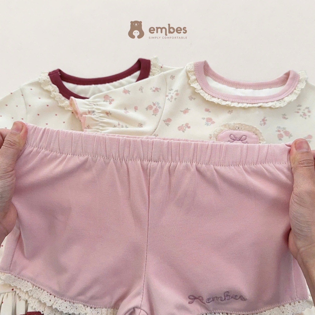 Bộ Cộc Bé Gái Embes, Bộ Cộc Tay In Họa Tiết Phối Viền Bèo Thêu Nơ Chất Cotton Cho Bé Gái Từ 8-17kg