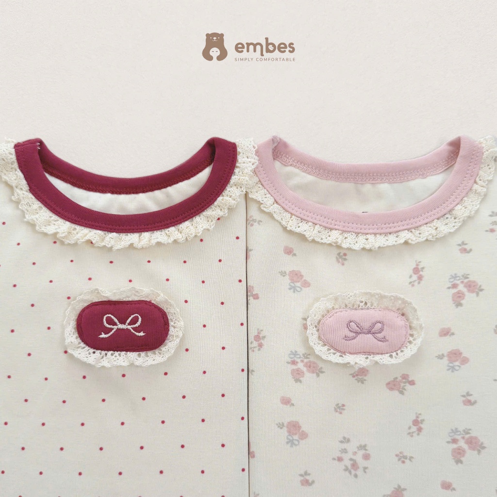 Bộ Cộc Bé Gái Embes, Bộ Cộc Tay In Họa Tiết Phối Viền Bèo Thêu Nơ Chất Cotton Cho Bé Gái Từ 8-17kg