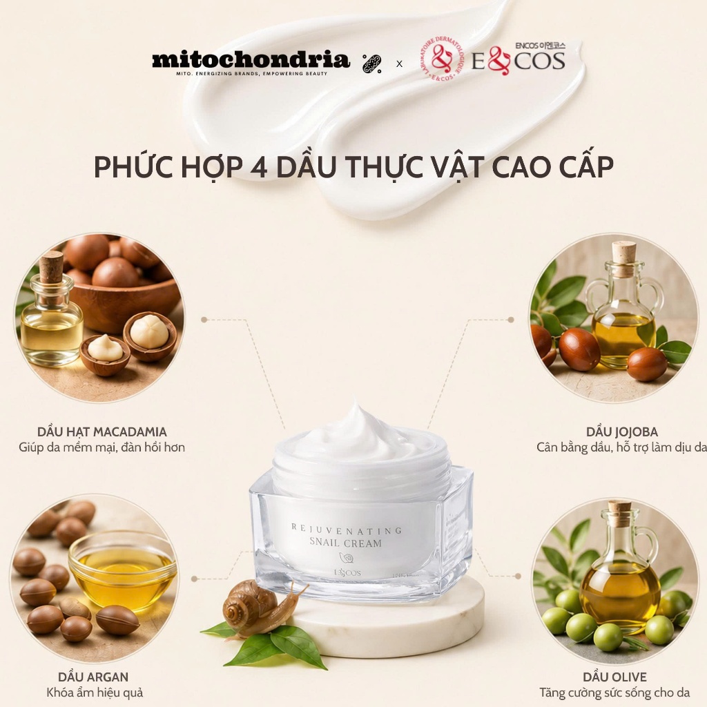 Kem PDRN & tế bào gốc ốc sên Pháp tái tạo & trẻ hóa da E&COS Rejuvenating Snail Cream 50ml